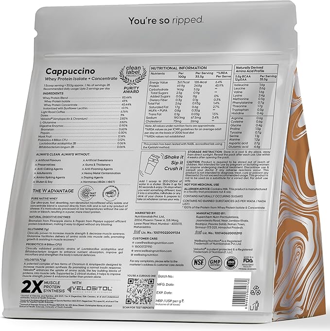 WELLBEING NUTRITION Whey Protein Isolate + Concentrate (Cappuccino) | 24g Protein 12g EAA 5.8g BCAA | Clinically Proven 2X Muscle Protein Synthesis| 4B CFU Probiotics &amp Digestive Enzymes | 1kg