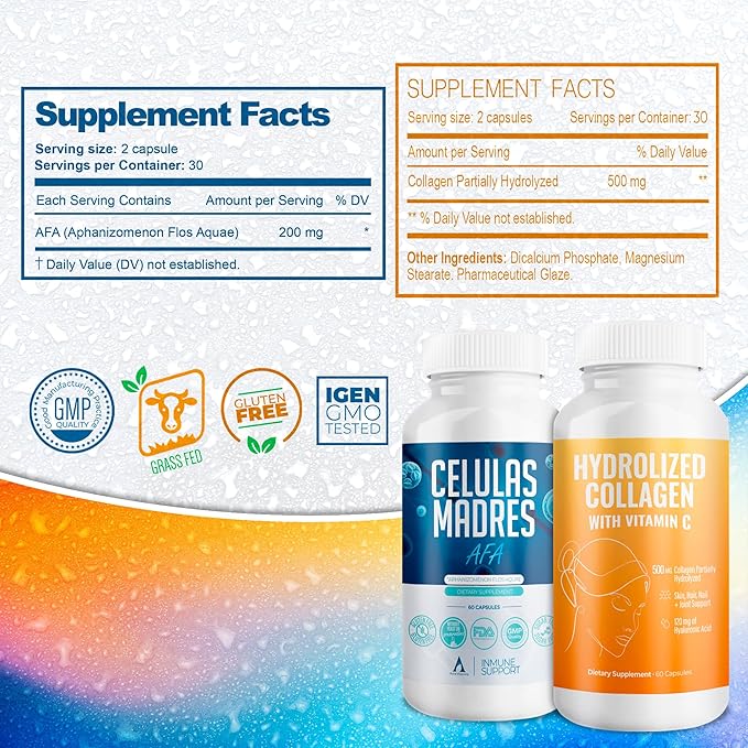Aura Vitamin Mega Antioxidant Bundle | Hydrolyzed Collagen &amp AFA Stem Cell | Hydrolyzed Collagen with Vitamin C Aphanizomenon Flos-Aquae | Celula Madre Skin Hair and Nail Support – 60 Each Caps
