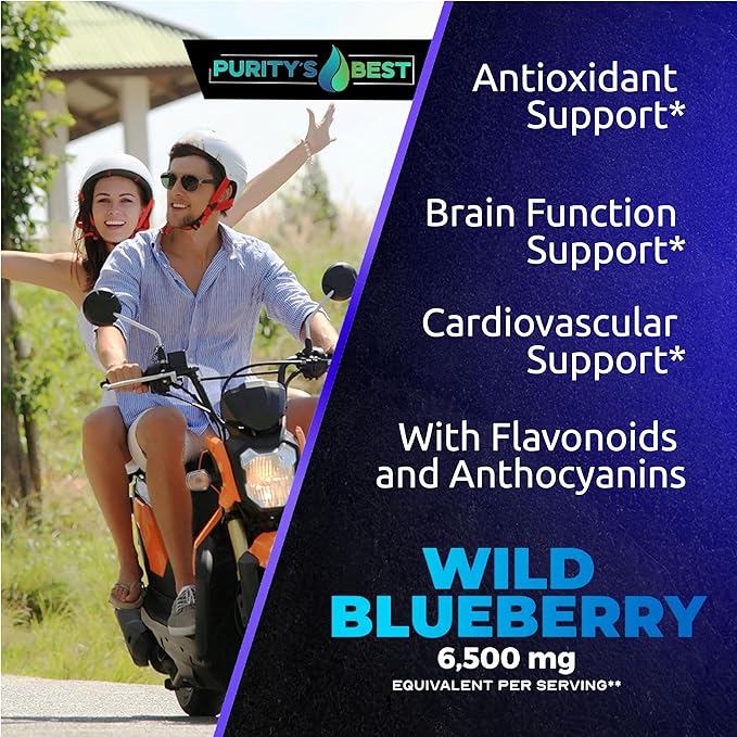 Purity’s Best Wild Blueberry Extract 6500 mg Strength 120 Vegan Capsules Rich in Flavonoids &amp Anthocyanins Antioxidant Support for Brain &amp Heart Health 4-Month Supply Non-GMO