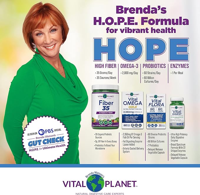 Vital Planet – Gut Check Hope Formula Kit by Brenda Watson - 4 Product Package with Women’s Probiotic 30 Cap Fiber 35 Powder 6.7oz Vital Omega Oil 60 Softgels and Digestive Enzyme 90 Cap