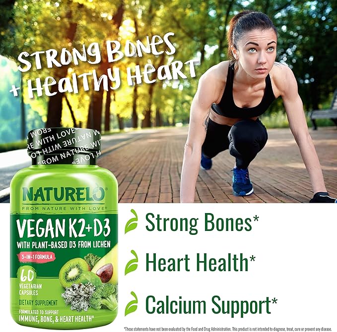 NATURELO Vitamin D3 K2 - Vegan K2+D3 with Plant Based D3 from Lichen - Natural D3 Supplement for Immune System Bone Support Heart Health - Whole Food - Non-GMO - Gluten Free 60 Capsules (Pack of 2)