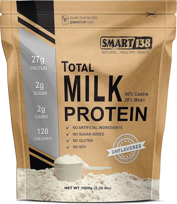 Smart138 Total Milk Protein - 80% Casein 20% Whey - RBST/rBGH Hormone Free Gluten-Free Soy-Free Non-GMO USA Keto Low Carb Natural BCAAs (1000g / 2.2lbs Unflavored)