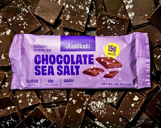 JUSTNOSH Chocolate Sea Salt Collagen Protein Bars – 15g Protein 10g Collagen | Gluten &amp Dairy Free Low FODMAP Seed Oil Free (12 Pack)