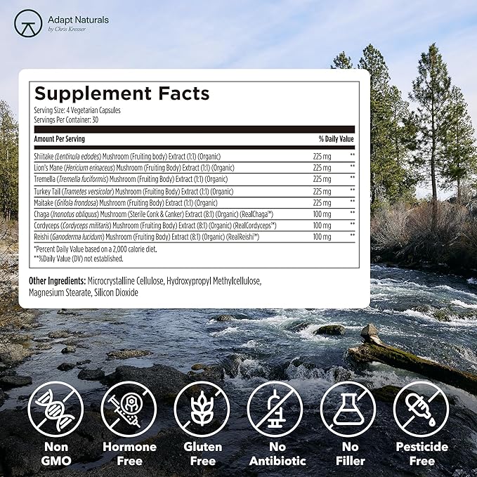 Adapt Naturals Bio-Avail Myco - 8-in-1 Bioavailable Mushroom Supplement Mushroom Complex - Chaga Cordyceps Reishi Lions Mane - Blood Pressure Memory Immune - 120 Capsules