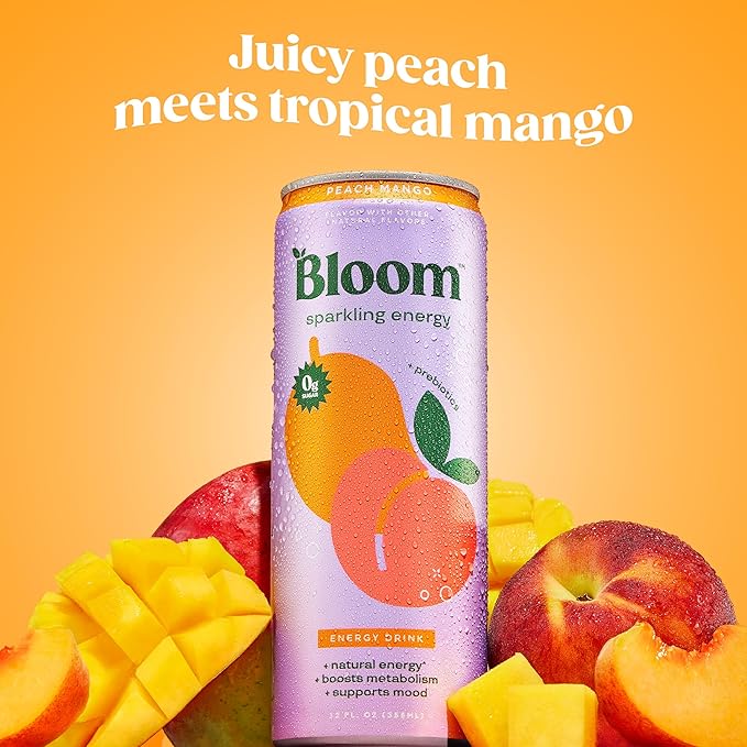 Bloom Nutrition Sparkling Energy Drink Peach Mango | Zero Sugar | 180mg Caffeine | For Focus | 24 Pack