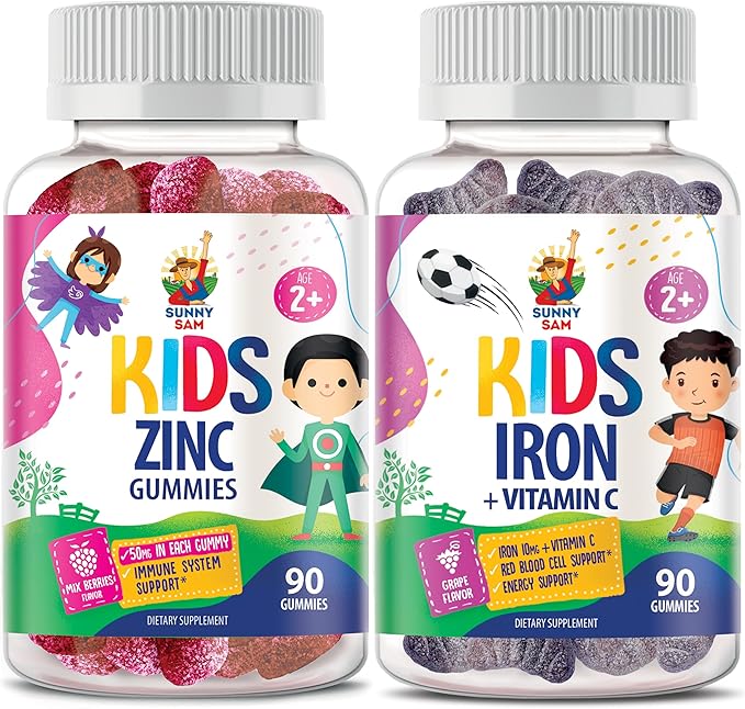 Iron Gummies for Kids &amp Zinc Gummies for Kids. Iron Vitamins with Vitamin C. Zinc Chewable Gummy for Immune Support - Powerful Natural Antioxidant Non-GMO Supplement for Children Men Woman Adults