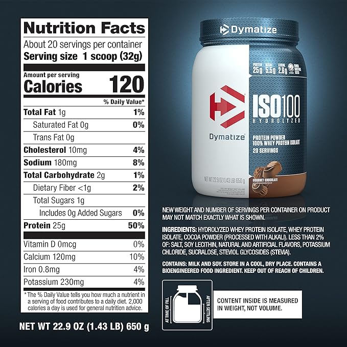 Dymatize ISO100 Whey Protein Powder Isolate Gourmet Chocolate 25g of Protein 20 Servings 5.5g BCAAs Less Than 120 Cal. Gluten Free 1g Fat 1g Sugar 2g Carb