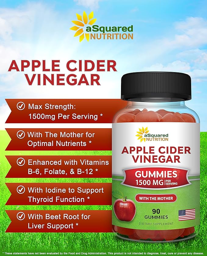 aSquared Nutrition Apple Cider Vinegar Gummies - 1500mg Per Serving - with The Mother - 90 ACV Gummies w/Vitamin B6 &amp B12 Folic Acid - Vegan Gummy Supplement Alternative to Capsules Pills (Pack o