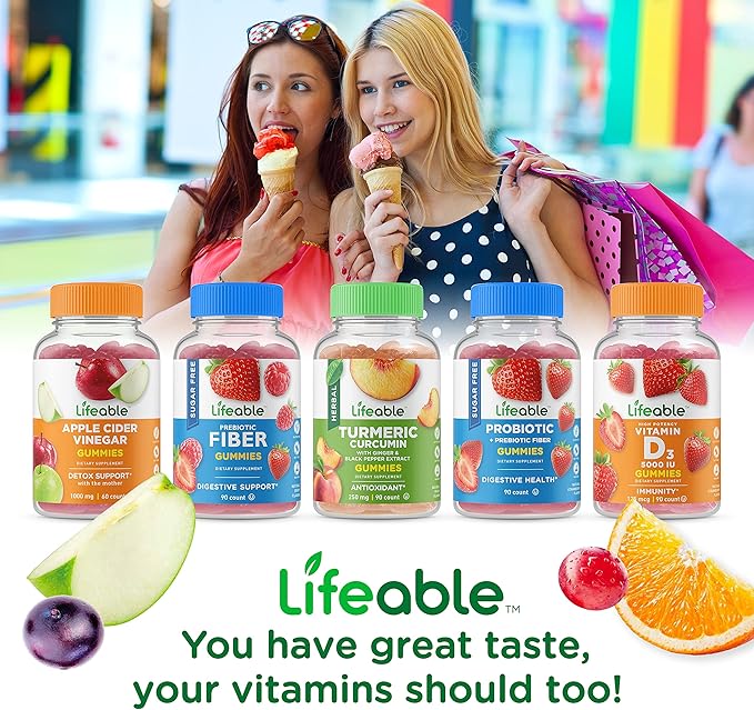 Lifeable Probiotic 2 Billion CFU + Prebiotic Fiber 5g Gummies Bundle - Great Tasting Vitamin Supplement Gluten Free GMO Free Chewable Gummy