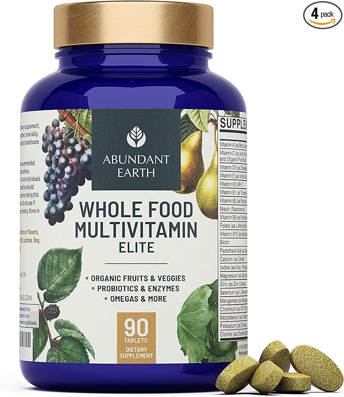 Abundant Earth Whole Food Multivitamin for Women Daily Multi Vitamins Supplements for Men Mens Multivitamins + B Complex Probiotic Multi Enzyme Omegas for Organic Energy Mood Digestion 90ct-4pk
