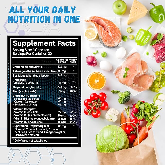 Creatine All in One Supplement Capsules – Ashwagandha – Sea Moss – Magnesium – Probiotics