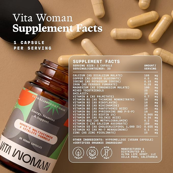 Ultra Life Sport - VITA Woman Premium Multivitamin for Women - 30 Capsule Daily Vitamins for Women with Vitamin E K2 MK-7 and B for Maximum Absorption - 100% Vegan Organic Non-GMO Gluten Free