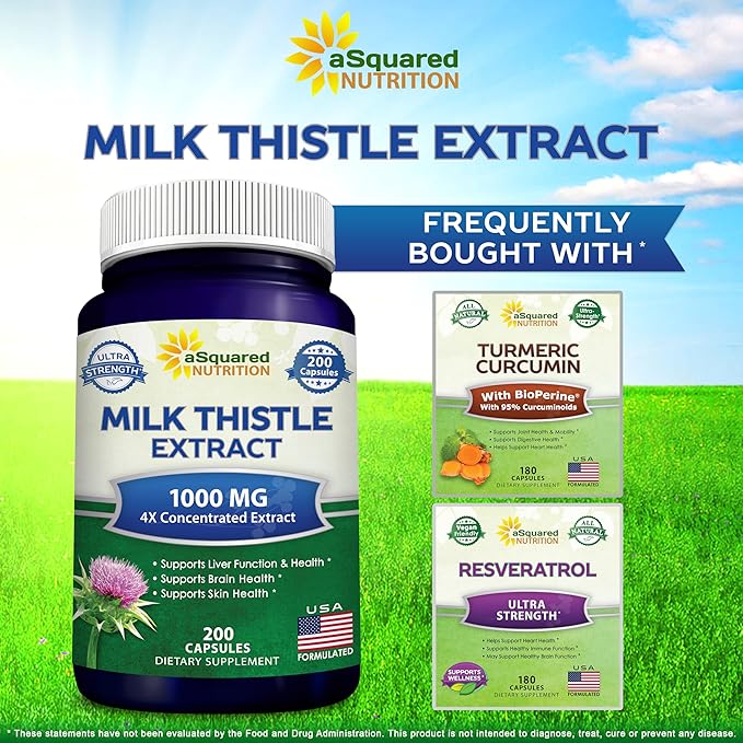 aSquared Nutrition Milk Thistle Supplement - 200 Capsules Max Strength 4X Concentrated Extract 4:1 Milk Thistle Seed Powder Herb Pills Silymarin Extract for Liver Support Cleanse Detox