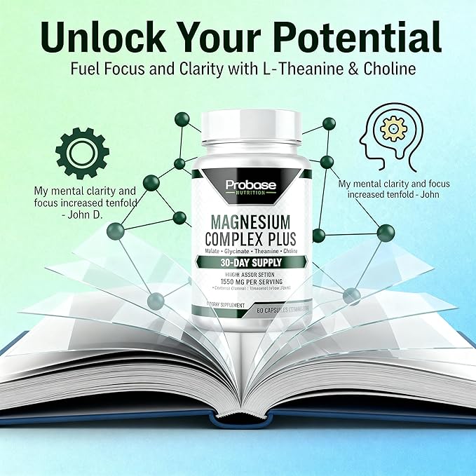 Probase Nutrition Magnesium Complex Plus with Glycinate Malate L-Theanine and Choline - Natural Support for Sleep and Cognitive Function - 60 Capsules - Calming Vitamins