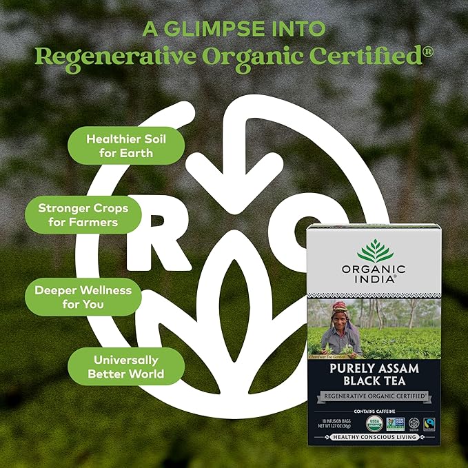 Organic India Purely Assam Black Tea - Caffeinated Herbal Tea Bags with Natural Assam Leaves Enjoy with Milk &amp Sweetener USDA Organic Non-GMO Fairtrade Certified - 18 Bags (Pack of 3)