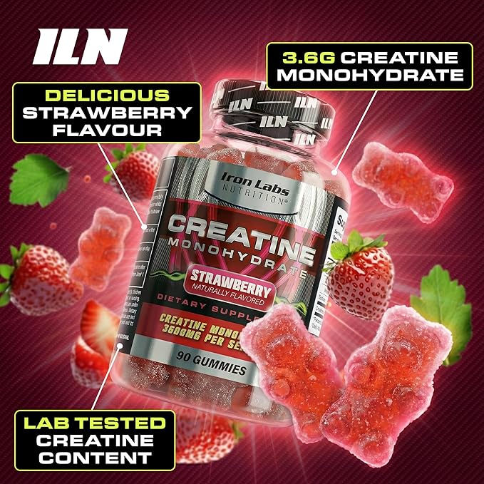 Iron Labs Nutrition Creatine Monohydrate Gummies (90 Gummy Bears) - 3600mg Per Serving - LAB Tested - Strawberry Flavor - High Strength Creatina for Men &amp Women (90 Vegan Gummys)