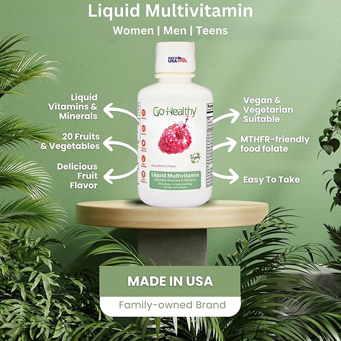 Go Healthy Liquid Vitamins for Women Men Teens | Vegan Vitamin &amp Mineral | High Absorption | Premium Liquid Multivitamin | Immune Support | Raspberry - 32 Servings