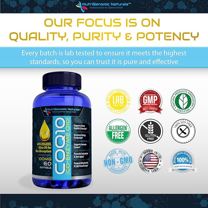 CoQ10 Coenzyme Q10 Highest Absorption with Organic Olive Oil 100mg 60 Softgels Ubiquinone Ubiquinol Supports Heart Health Increases Energy Pure Natural Effective