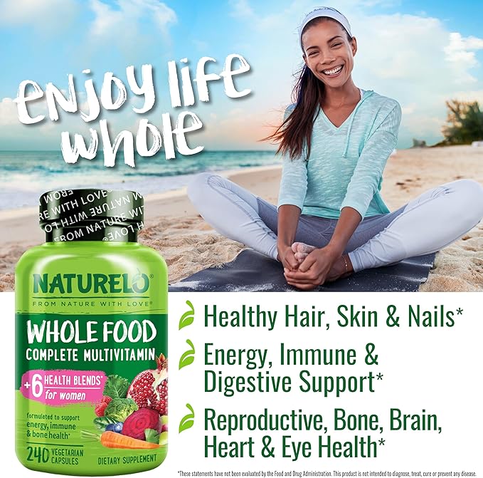 NATURELO Whole Food Multivitamin for Women - with Vitamins Minerals &amp Organic Extracts - Supplement for Energy and Heart Health - Non GMO - 240 Vegan Capsules