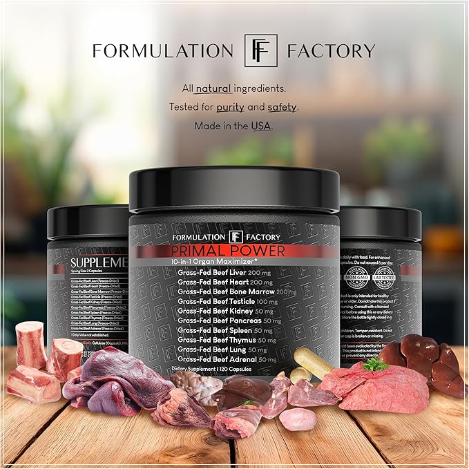 Formulation Factory Primal Power 10-in-1 Grass-Fed Organ Supplement with Beef Liver Heart Marrow Testicle Kidney Supports Vitality Hormones Energy Immunity (4 Month Supply 240 Capsules)