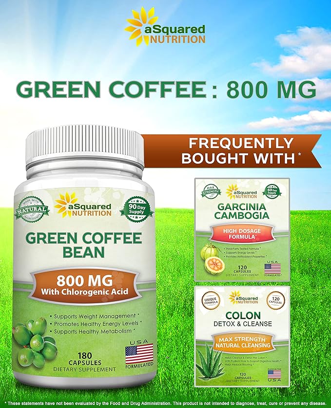 aSquared Nutrition Natural Green Coffee Bean Formula-180 Capsules-Max Strength GCA Antioxidant Cleanse for Pure Weight Loss 800mg per Pill-Chlorogenic Acid-1600mg Daily Supplement Healthy Fat Burner