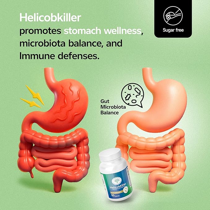 HELICOBKILLER - Natural Digestive Support Supplement with 60 Capsules | Fights Helicobacter Pylori Supports Digestive System &amp Gut Microbiota
