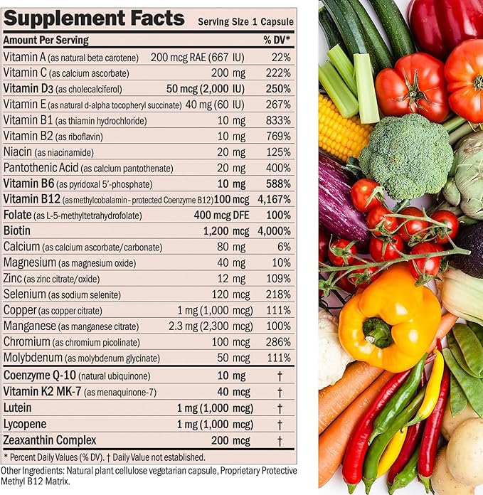 ANDREW LESSMAN Essential-1 nuonce max Multivitamin 2000 IU Vitamin D3 60 Small Capsules. 100 mcg Methyl B12. CoQ10 Lutein Lycopene Zeaxanthin. High Potency. No Additives. Ultra-Mild One Daily Capsule