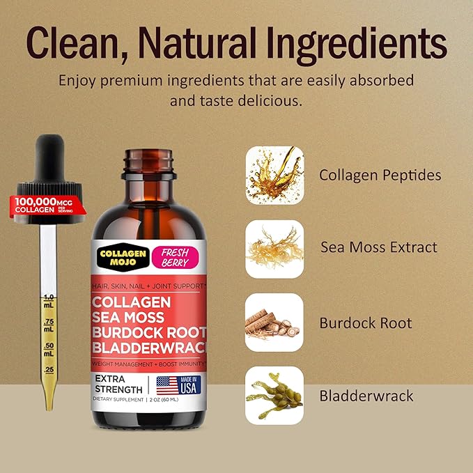 Collagen Mojo - Liquid Collagen for Women &amp Men Collagen Peptides with Sea Moss Burdock Root &amp Bladderwrack - Hair Skin Nails Joint Support Weight Management High Absorption - 100000mc