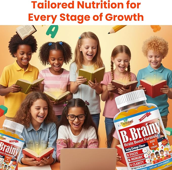 B.Brainy Focus Gummies for Kids &amp Teens Kids Focus and Attention Supplements Brain Focus Vitamins Vegan Omega 3 EPA/DHA Support Memory Clarity Concentration Low Sugar 60 Gummies