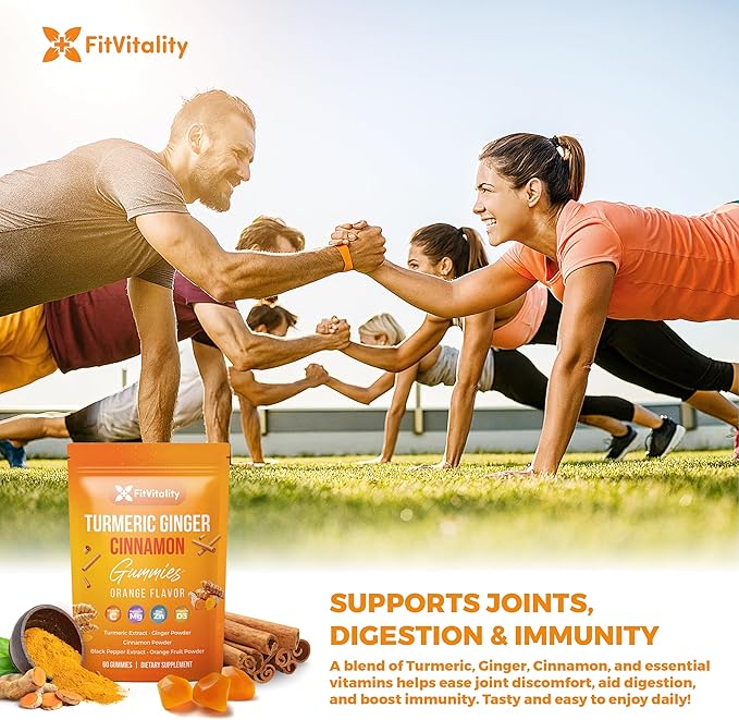 Premium 120 Turmeric Ginger Cinnamon Gummies – Vegan Gummies with Vitamin E B12 Magnesium Black Pepper Extract &amp Vitamin D3 – Orange Fruit Flavor