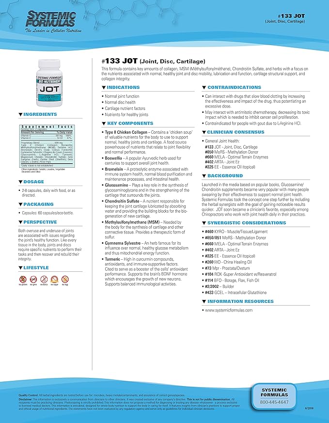 Systemic Formulas JOT – Joint/Disc/Cartilage 60 Capsules Bio Nutriment #133. Supports Cartilage Integrity Joint Health Lubrication and Comfort and Healthy Formation of Joints Discs and Cartilage.