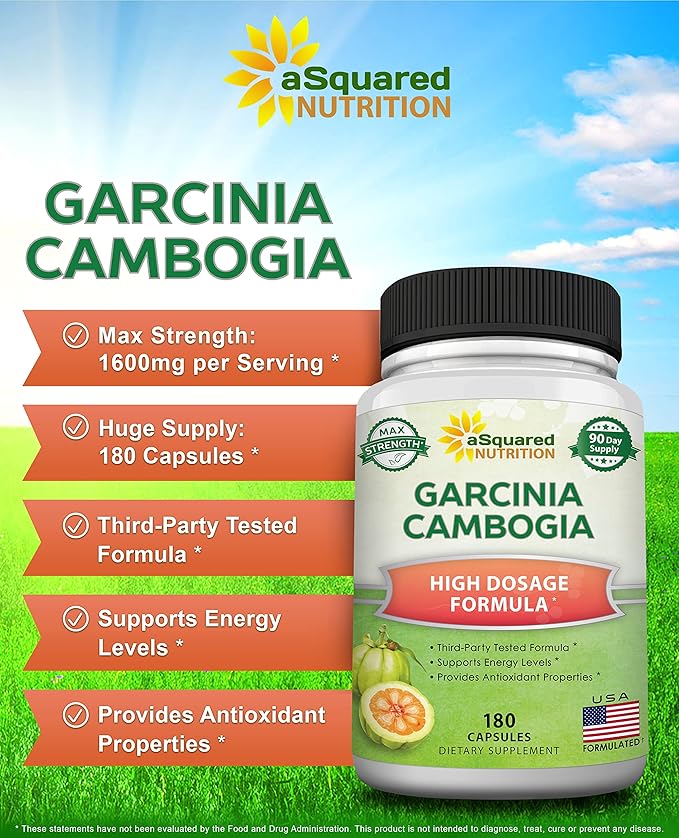 aSquared Nutrition Garcinia Cambogia 1600mg-180 Capsules-Natural Pure Extract Pills for Brain Health- Standardized Ultra HCA &amp Garcinia Cambogia Supplement Alternative to Gummies Drops Tea &amp