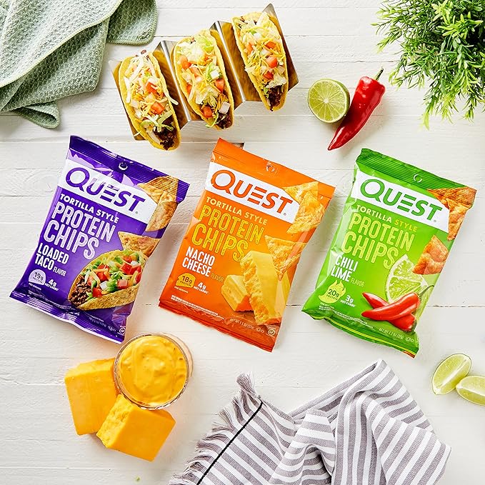 Quest Nutrition Vanilla Milkshake Protein Powder 24g of Protein 1g of Sugar 3 Pound 43 Servings &amp Tortilla Style Protein Chips Variety Pack Chili Lime Nacho Cheese Loaded Taco