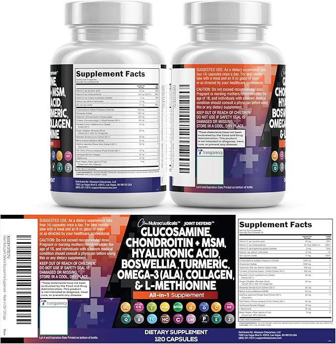 Clean Nutraceuticals Glucosamine 1500mg Chondroitin 1200mg MSM with Turmeric Curcumin Collagen Hyaluronic Acid Omega 3 – Joint Health Supplement for Men &amp Women – Joint Complex – 120 Count