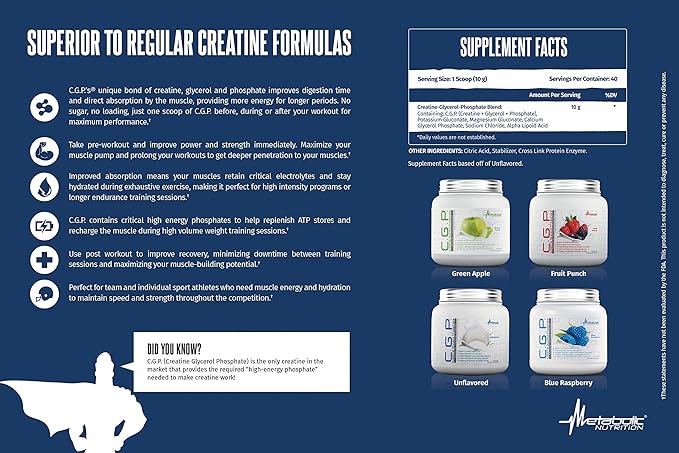 Metabolic Nutrition CGP Creatine Glycerol Phosphate 100% Micronized Creatine Powder Pre Intra Post Workout Supplement Fruit Punch 400 Grams (40 Servings)