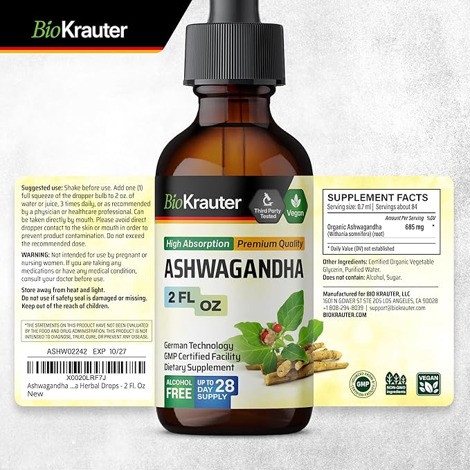 BIO KRAUTER® Ashwagandha Supplements - Liquid Drops Pure Vegan Ashwagandha for Women &amp Men 685 mg per Serving 2 Fl.Oz 28-Day Supply - Used for Mood Magic &amp Relaxation Support - Alcohol &amp S