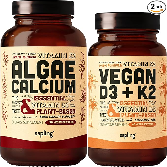 Algae Calcium &amp Vegan Vitamin D3 + K2 Bundle - Calcium Supplement from Red Algae 4000 IU Vitamin D3 and 100mcg Vitamin K2