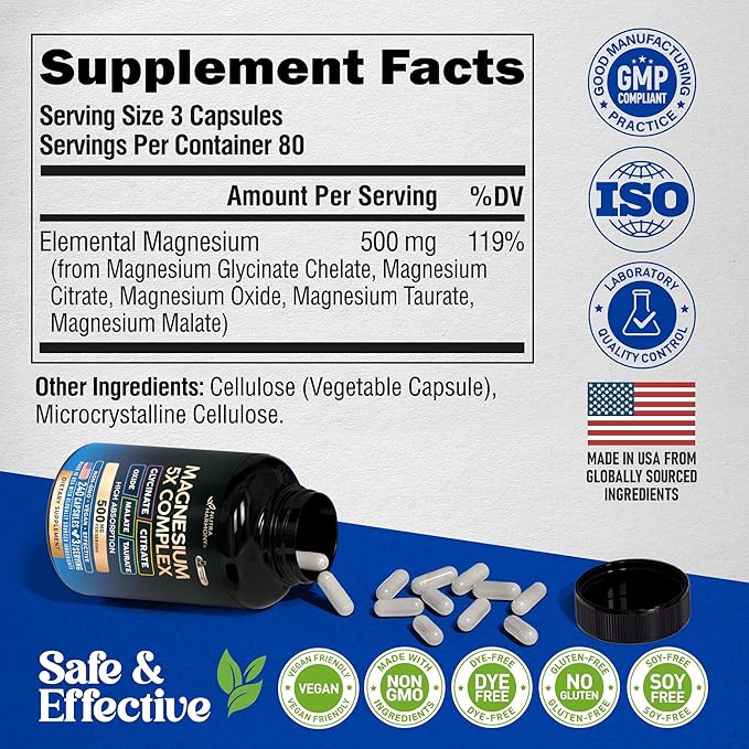 Magnesium Supplement - 5 in 1 Complex 500 mg | Glycinate | Citrate | Malate | Taurate | Oxide - Made in USA - Stress Muscle &amp Heart Support - Vegan Natural Non-GMO - 240 Capsules