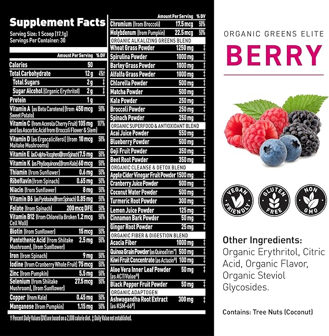 Kaged Organic Greens Elite Superfood and Greens Powder with Apple Cider Vinegar Adaptogen Prebiotics Vitamins &amp Minerals Berry 30 Servings
