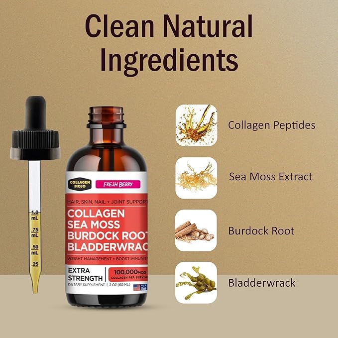 Collagen Mojo Liquid Collagen Peptides with Sea Moss Burdock Root &amp Bladderwrack + Ashwagandha Elderberry &amp L-Theanine + Lions Mane Mushroom Elderberry &amp L-Theanine