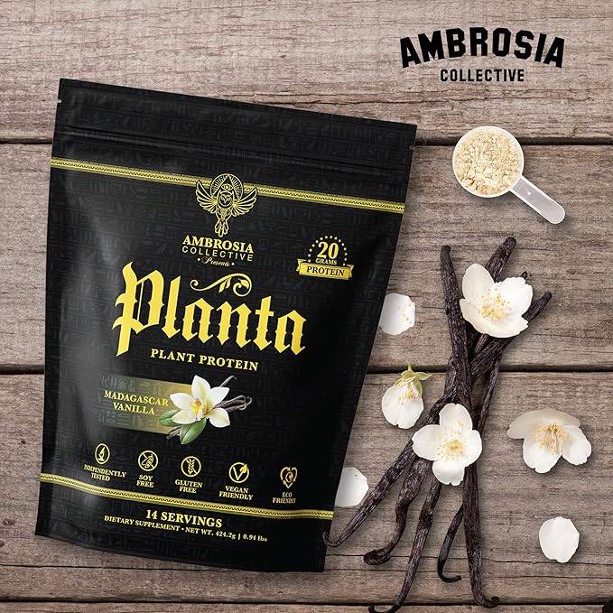 Ambrosia Planta - Premium Plant-Based Protein | Vegan &amp Keto Friendly | Gourmet Flavors with No Bloating or Stomach Upset | Gluten &amp Soy Free | No Added Sugar | 14 Servings | (Vanilla)