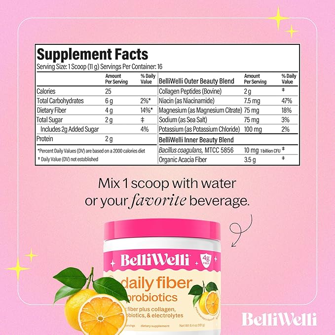 Belli Welli Daily Fiber Supplement Bundle with Collagen Probiotics &amp Electrolytes – Wild Berry &amp Orange Yuzu Mandarin Flavors – Supports Digestion Gut Balance &amp Debloating – 32 Servings