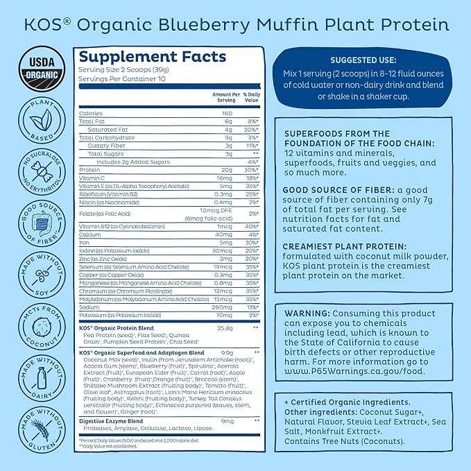 KOS Plant Based Protein Powder Blueberry Muffin - Organic Pea Protein Superfood with Spirulina and Immune Support Blend. Soy Gluten Dairy Free - Vegan Meal Replacement for Women &amp Men - 10 Serv
