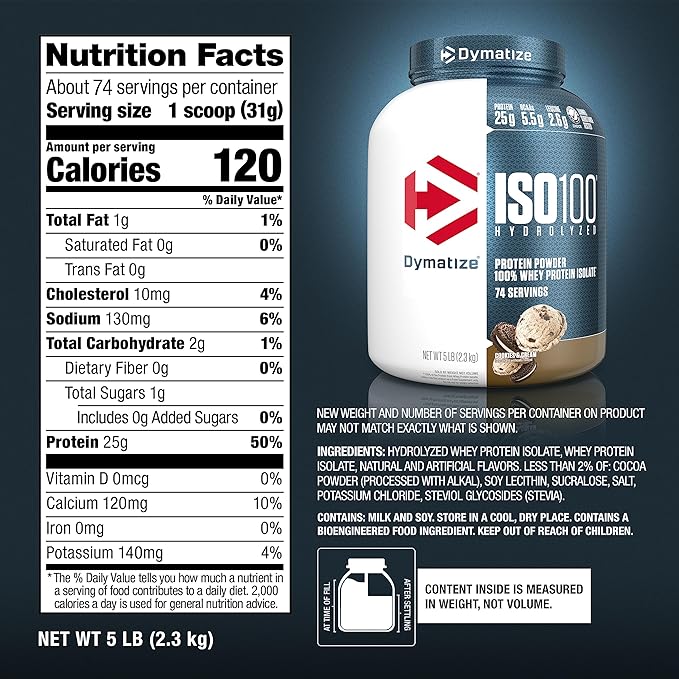 Dymatize ISO100 Whey Protein Powder Isolate Cookies &amp Cream 25g of Protein 5 Pound 5.5g BCAAs Less Than 120 Cal. Gluten Free 1g Fat 1g Sugar 2g Carb (74 Servings)