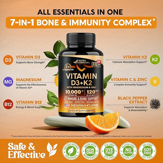 Vitamin D3 K2 - Vitamin D3 10000 iu &amp K2 as MK-7 120 mcg - Immune &amp Mood Support for Bone &amp Teeth Health - with Magnesium Zinc &amp Vitamin C &amp B12 - Highly Bioavailable - Made in U