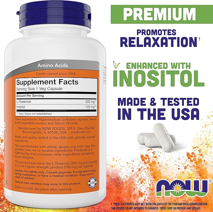 NOW Foods L-Theanine Double Strength 200 mg Per Cap - 180 Veg Capsules - Enhanced with 100mg Inositol - Vegetarian Non-GMO - Ltheanine 200mg Supplement