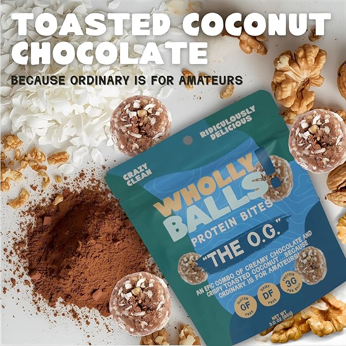 Wholly Balls Protein Bites – Healthy Plant-Based Snack | High Protein Low Sugar Gluten-Free Energy Balls (Pack of 3 O.G)
