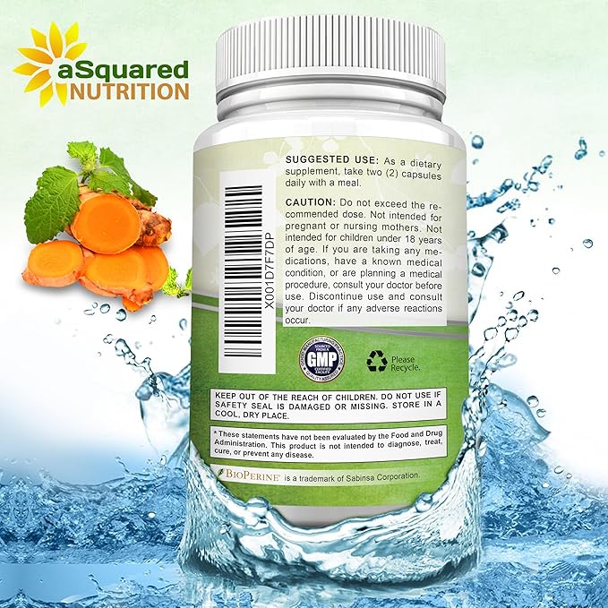 aSquared Nutrition Turmeric Curcumin 1600mg with BioPerine Black Pepper Extract - 180 Capsules with 95% Curcuminoids 100% Natural Tumeric Root Powder Supplements Natural Joint Stiffness Relief Pills