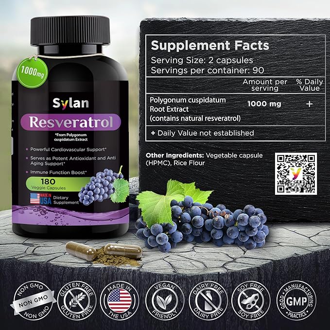 SYLAN Resveratrol Supplement 1000mg 180 Veggie Capsules Antioxidant Supports Heart Joint Brain Immune Health &amp Anti-Aging Non-GMO Made in USA Resveratrol 500mg Powder per Capsul