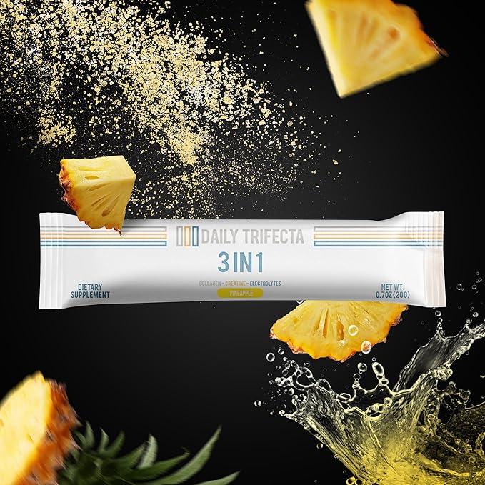 DAILY TRIFECTA 3-in-1 Collagen Creatine &amp Electrolyte Stick Packs | Type I Collagen Creatine Monohydrate Zero Sugar | 30 Natural Single-Serve Packets | Strength Hydration &amp Recovery (Pinea